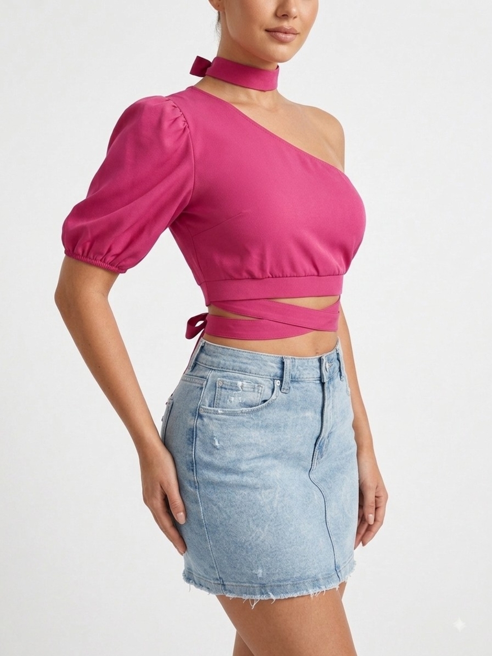 SHEIN Hot Pink One-Shoulder Puff Sleeve Crop Top with Choker